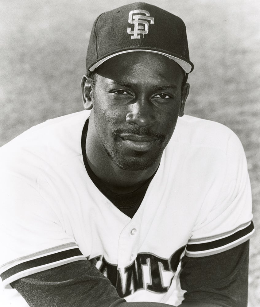 Head and shoulders portrait of Chili Davis in Giants uniform